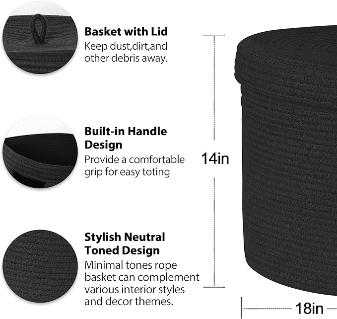 Large Basket with Lid, 18” x 14” Lidded Blanket Storage for Living Room, Black Woven Baskets for Storage, Nursery Kids Cotton Rope Toy Bin with Cover, Wicker Laundry Basket, Pillow Holder