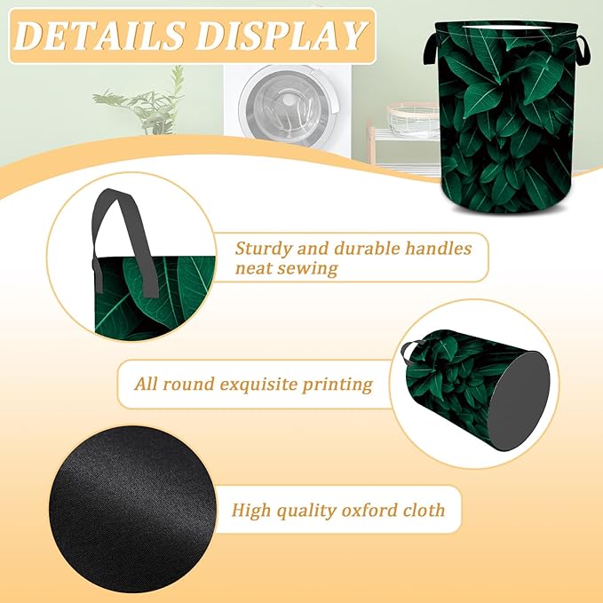Tropical Leaves Laundry Basket, Plants Laundry Hamper Foldable Waterproof Oxford Cloth Funny Tote Bag Dirty Clothes Storage Bucket Toy Organizer for Bathroom/Laundry/Bedroom 15.7"x19.6"