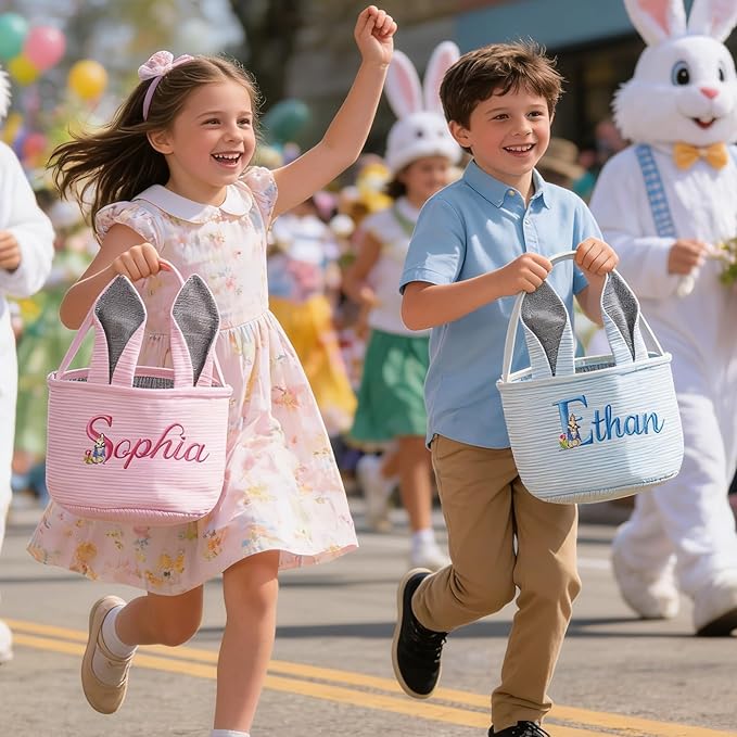 Personalized Easter Embroidered Basket with Name, Custom Seersucker Bunny Easter Egg Hunt Baskets for Kids, Monogram Cute Party Candy Bag with Handles, First Easter Gifts for Baby Girls Boys