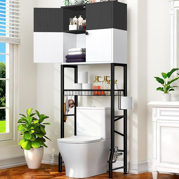 Over-The-Toilet Storage Rack, 4-Tier Bathroom Organizer Shelf Over Toilet with Barn Doors Cabinet and Basket, Freestanding Space Saver Bathroom Shelves with Paper Holder Above Toilet (Black & White)