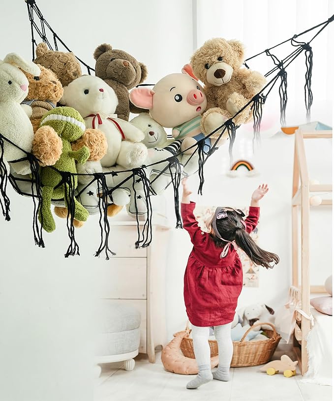 Stuffed Animal Storage Corner Hammock or Net,Toy Storage Hammock for Stuff Animals,Plushie Net for Nursery Bedroom Wall,Stuffed Animal Organizer Holder for Plush,Cute Boho Room Decor.（Black）