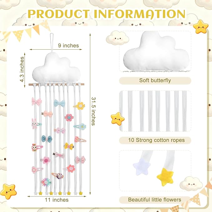 Long Bow Holder for Girls Baby White Clouds Hair Bows Clip Organizer 31.5 Inch Baby Hair Accessories Storage Display Hanging Decor for Girls Nursery Room Bedroom Living Room