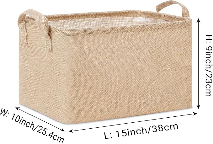 Bidtakay Rectangular Storage Basket,Collapsible Storage Bin with Hardboard,15" L x 10" W x 9" H Waterproof Coating Burlap Storage Box with Handles for Home Organization,Shelf Basket (Flax)