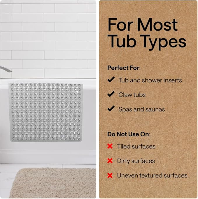 GORILLA GRIP Patented Bath Tub Shower Mat, Machine Washable Bathtub Floor Liner Mats, Suction Cups and Drain Holes to Keep Tubs Clean, Soft on Feet, Bathroom Essentials, 35x16 Inch, Clear Gray