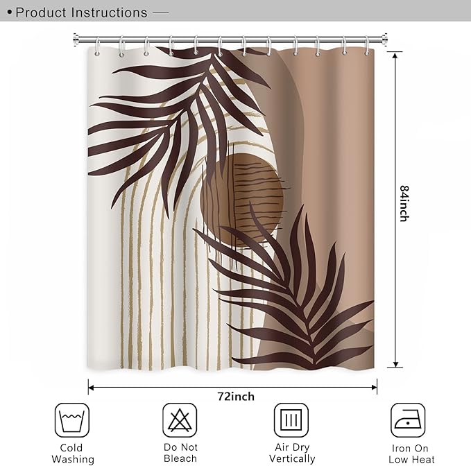 Abstract Boho Bathroom Shower Curtain - Eucalyptus Leaves Brown Beige Sun Shower Curtain with Hooks, Waterproof Polyester Fabric, 72x84 Inch