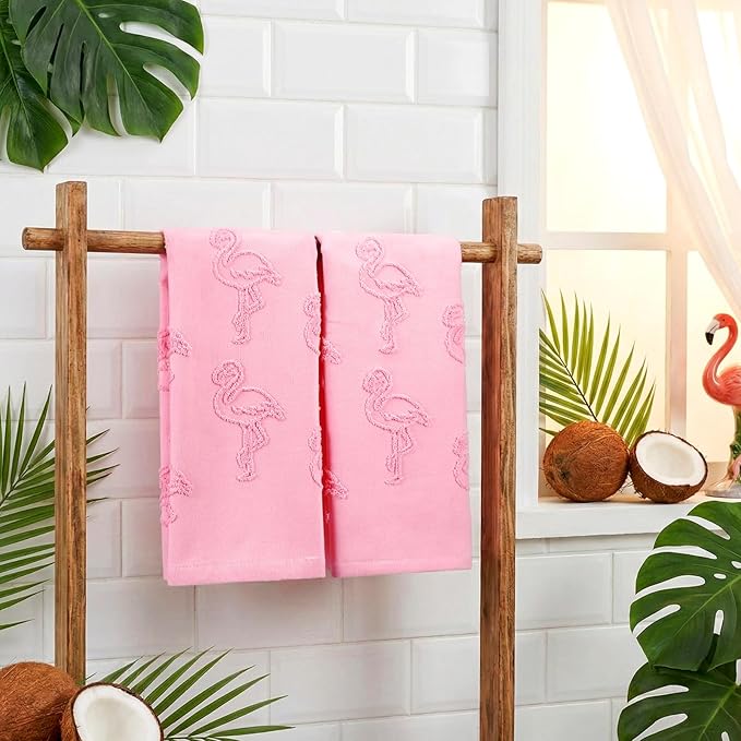 2 Pcs Flamingo Hand Towels for Bathroom 100% Cotton Jacquard Weave Hand Towels Pink Soft Absorbent Dish Washcloth for Bathroom Kitchen Tropical Summer Theme Gifts, 29.5 x 13.8 Inch