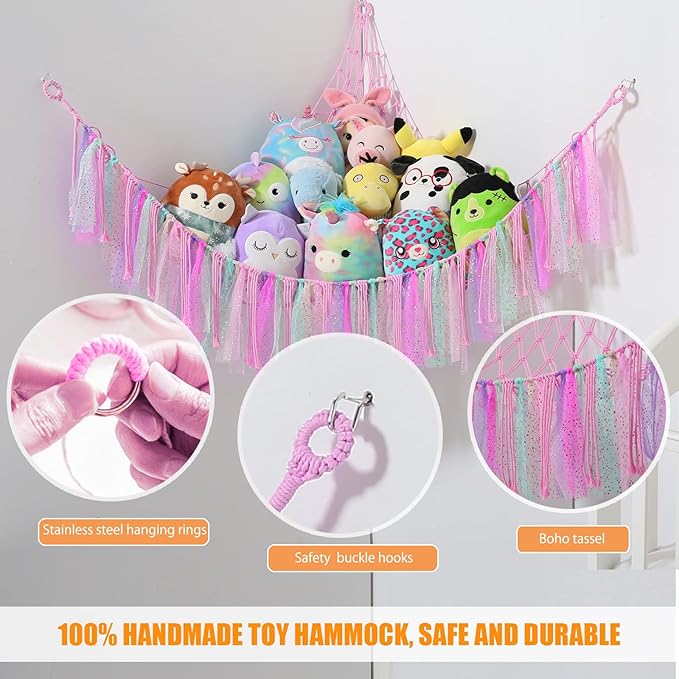 Stuffed Animal Storage Macrame Boho Plush Toy Net Hammock for Stuffed Animals with Light Pet Net for Stuffed Animals Corner Hanging Stuffed Animal Holder Teddy Bear Net for Kids Room (Shiny Pink)