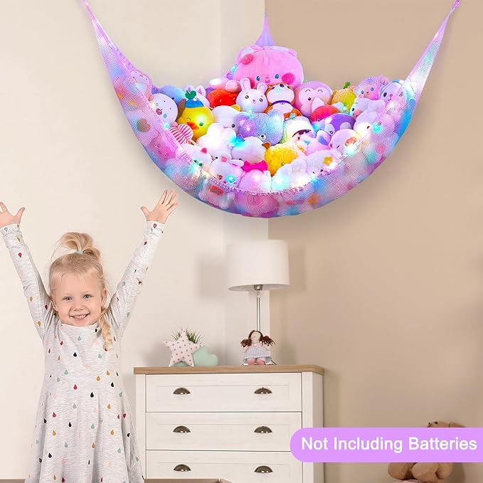 Unicorn Castle Stuffed Animals Net or Hammock Kids Toy Storage Organizer with LED Light Hanging Corner Stuffed Animals Holder Kids Girls Room Decor,Blue-Purple,XLarge (Pack of 1)