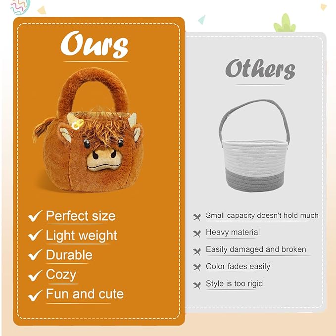 2026 Highland Cow Plush Baskets Easter Basket, Easter Egg Hunt Buckets, Easter Decorations Indoor Outdoor, Cute Easter Gifts for Kids, Adults, Teens, Toddlers, Girls