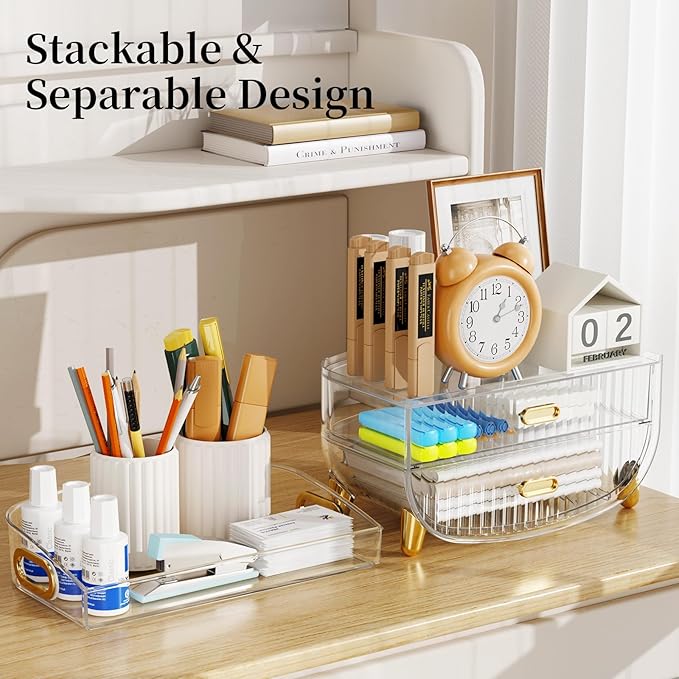 LAMU Makeup Organizer With 2 Drawers, Bathroom Storage With Four Non-Slip Feet And Dust-Proof, Simple And Stylish For Desktop, Vanity, Bathroom Countertops, Clear, Ideal Christmas Gifts for Girls