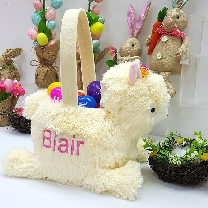 DearSun Personalized Easter Egg Hunting Basket 3D Plush Alpaca Baskets Gift Bucket with Embroidery Name (Plush Llama Basket with Customization)