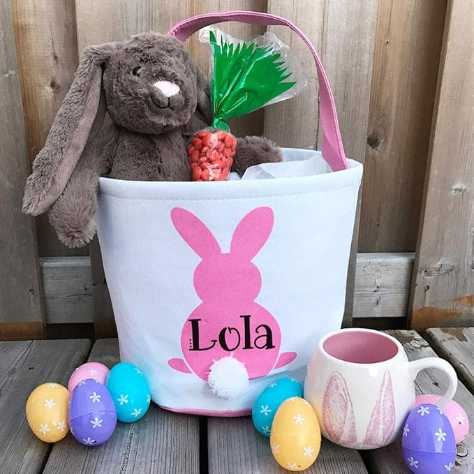 MONOBLANKS Easter Bunny Basket Bags, Rabbit Bucket Tote for Easter Egg Hunts Decorations Candy Gifts Storage (Pink)