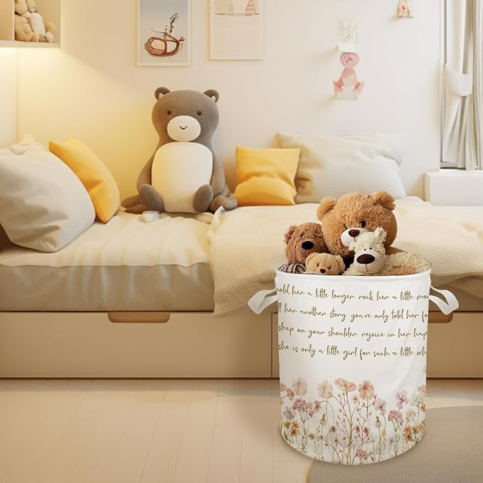 Floral Girl Nursery Laundry Basket Hamper, Toybox for Girls, Pastel Wildflower Waterproof Collapsible Storage Bin Organizer for Bedroom Bathroom Girls Room Dorm Clothes Toys Books