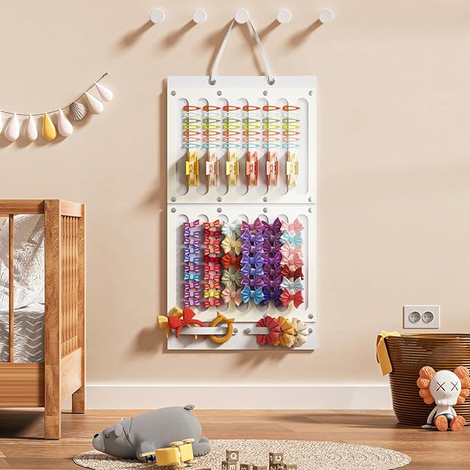 Bow Holder for Girls Hair Bows, Hair Accessories Organizer for Toddler Kids Baby Girl, Hanging Hairbow Storage Organizer Hanger Rack for Hair Stuff, Nursery Room Decor for Wall Door, Beige