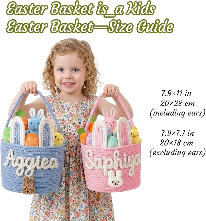 Personalized Easter Basket for Kids with Name - Custom Cute Embroidery Easter Bunny Rope Basket for Boys Girls, Easter Egg Hunt Basket (8 Colors+Rabbit Ear)
