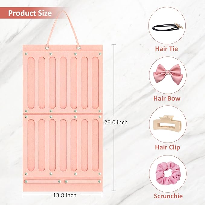 Bow Holder for Girls Hair Bows, Hair Accessories Organizer for Toddler Kids Baby Girl, Hanging Hairbow Storage Organizer Hanger Rack for Hair Stuff, Nursery Room Decor for Wall Door, Pink