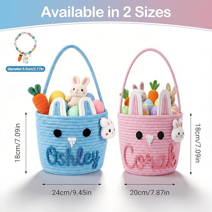 Personalized Easter Baskets for Boys Girls with Bunny Bracelet, Cute Bunny Custom Easter Basket for Baby Boy Girl with Colorful Rope Embroidered Name for Egg Hunts (Cute Bunny Emoji)