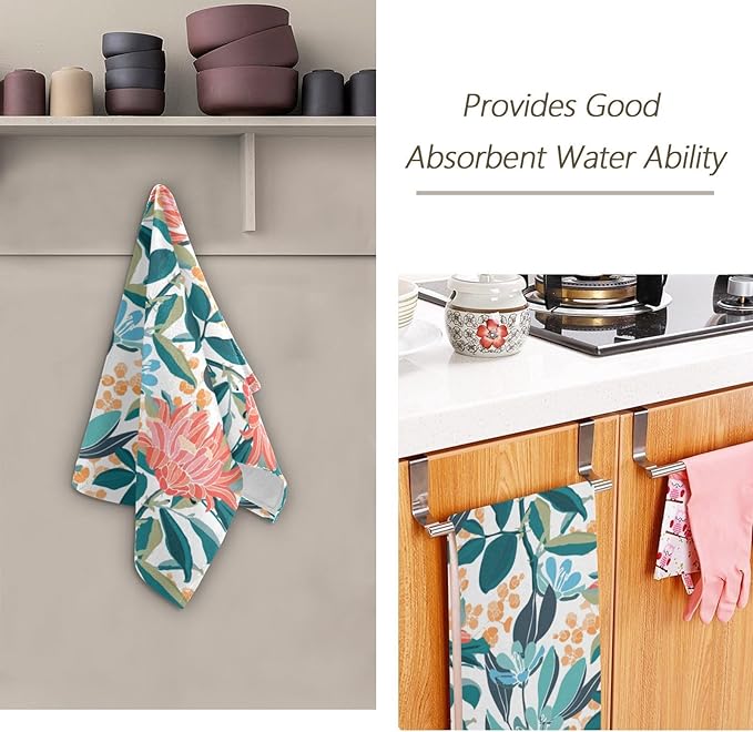 2 Pcs Teal Orange Boho Floral Hand Towels for Bathroom,Soft Absorbent Turquoise Blue Leave Coral Flower Dish Towels for Kitchen,Quick Dry Decorative Bathroom Towels for Face,Shower 14"x28"