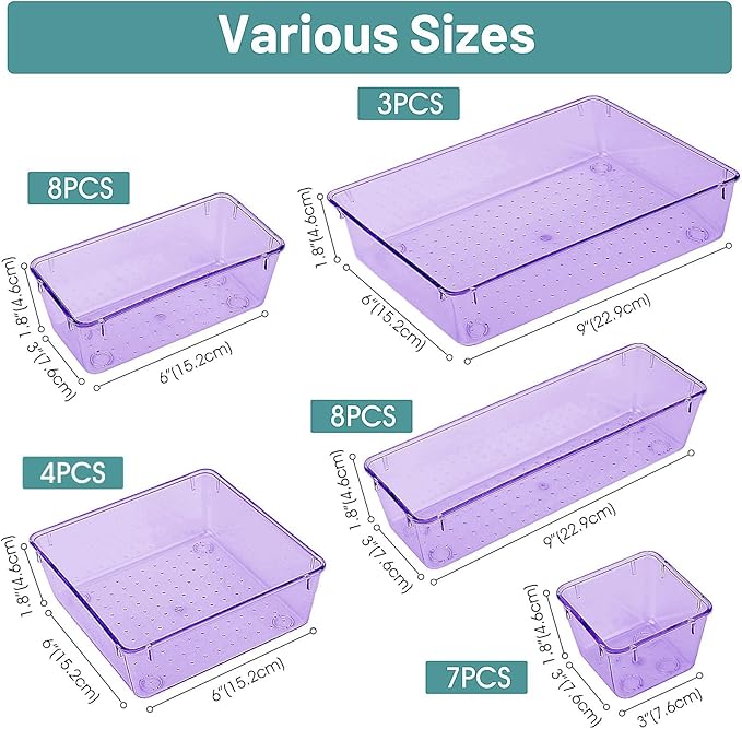 WOWBOX 30 PCS Clear Plastic Drawer Organizer Set, 5 Sizes Desk Drawer Divider Organizers and Storage Bins for Makeup, Jewelry, Gadgets for Kitchen, Bedroom, Bathroom, Office, Purple