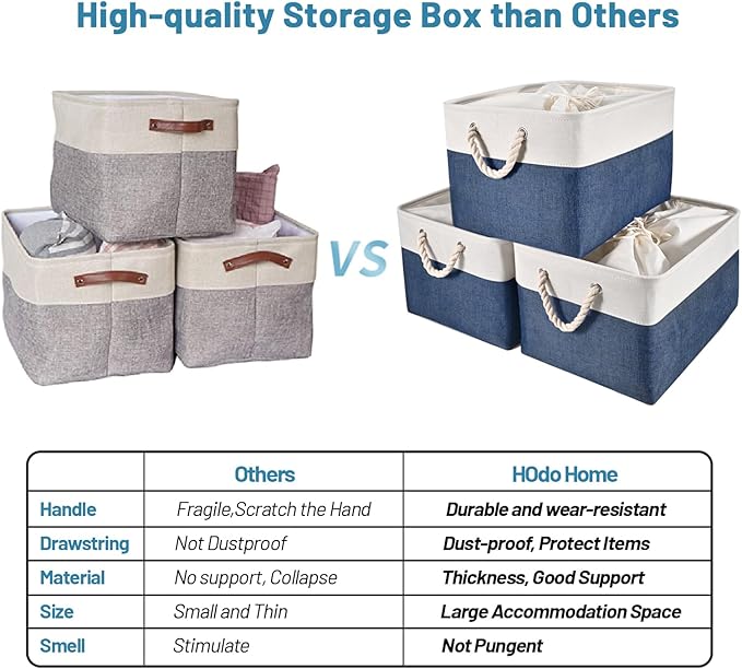 HOdo Home 3PCS Storage Bins, Fabric Bin with Drawstring Closure and 2 Bold Handles, Collapsible Large Canvas Baskets for Organizing Shelf Nursery Home Closet (15.8×11.8×9.5 In, White and Navy)