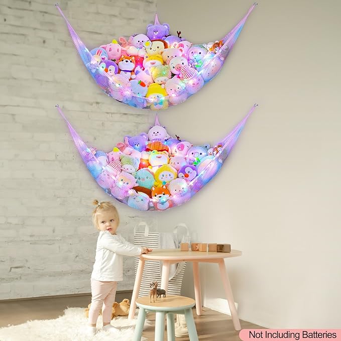 Unicorn Castle Stuffed Animals Net or Hammock Kids Toy Storage Organizer with LED Light Hanging Corner Stuffed Animals Holder Kids Girls Room Decor,Blue-Purple,Large (Pack of 2)