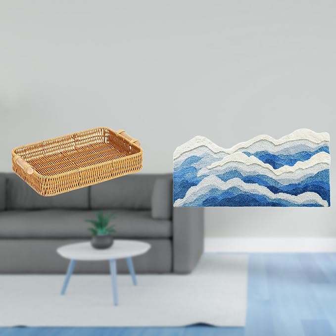 Fenteer Woven Fruit Baskets and Area Rug for Home Decor Gift Non Slip Snack Serving Bowl Fruit Basket Bread Plate Nursery Rug Rug for Kitchen Entrance B