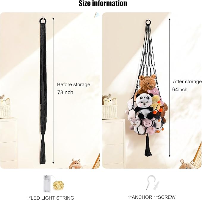 Stuffed Animal Hammock Corner Net with LED Light Plushies Storage Hammock for Stuffed Animals Boho Room Decor Macrame Wall Decor