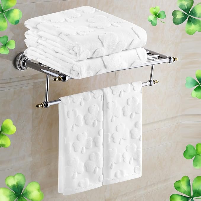 2 Pack St. Patrick's Day Hand Towels White Shamrock Clover Soft 100% Cotton Absorbent Decorative Bathroom Towels Set for Kitchen Bath Workout Hand Face Hair, 13.7'' x 29.5''