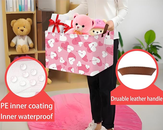 Large Valentine's Day Basket Heart Shaped Storage Bin for Gifts Collapsible Organizer Room Decor (Arrow White Pink Love)