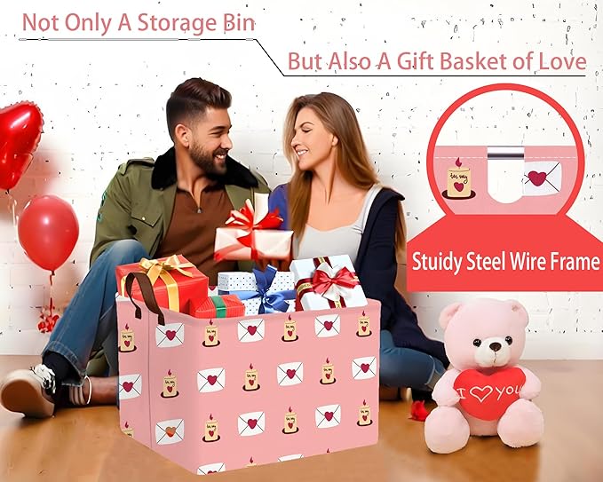 Large Valentine's Day Basket Heart Shaped Storage Bin for Gifts Collapsible Organizer Room Decor (Pink Candle Envelope Love)