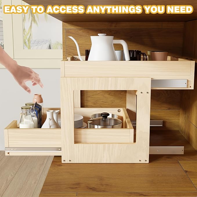 Pull Out Cabinet Organizer, 20''W×21''D×16''H Soft Close Slide Out Wooden Pull out Drawers, Double Tier Slide out Wood Cabinet Organizer, for Base Cabinet Organization in Kitchen, Pantry, Bathroom