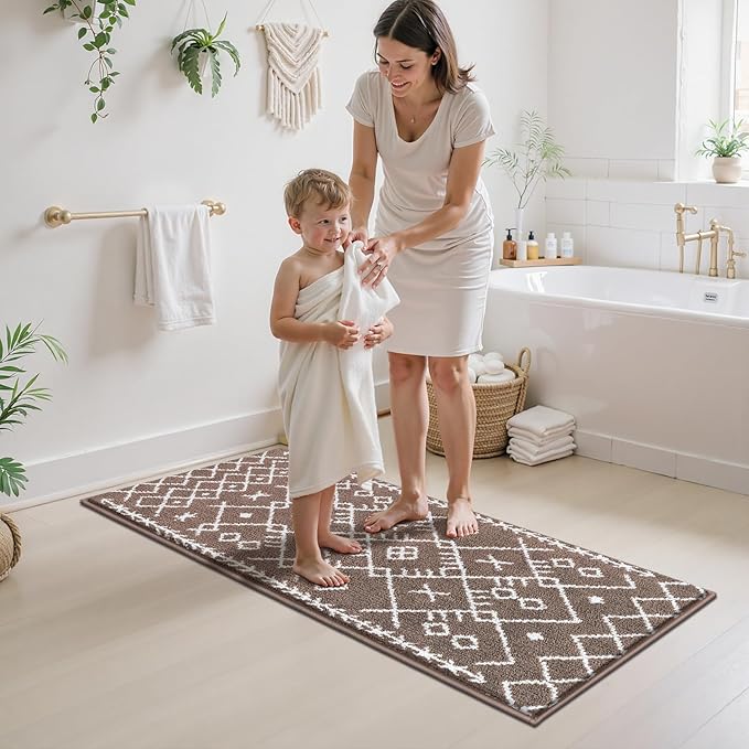 HEBE Bathroom Rugs Sets 5 Piece, Soft Absorbent Microfiber Bath Mat for Bathroom, Non Slip Washable Bath Rug Set with Toilet Cover, Bath Runner and U-Shaped Contour Toilet Rug, Coffee