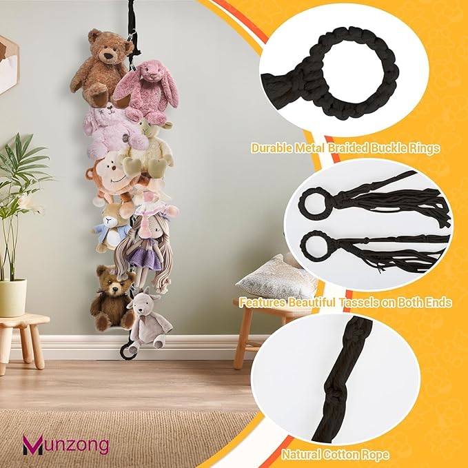 Munzong 2 Pack Black Hanging Stuffed Animal Storage Chain, 80 Inch Cotton Stuffed Animal Display Holder with 40 Metal Clips for Room Corner Wall Decor Play Room