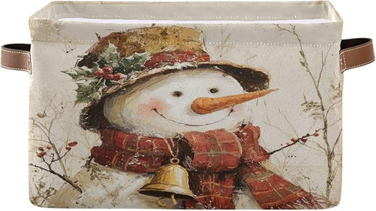 Christmas White Snowman Print Rectangular Storage Bin Basket with Handles - Nursery Storage Laundry Hamper Storage Baskets