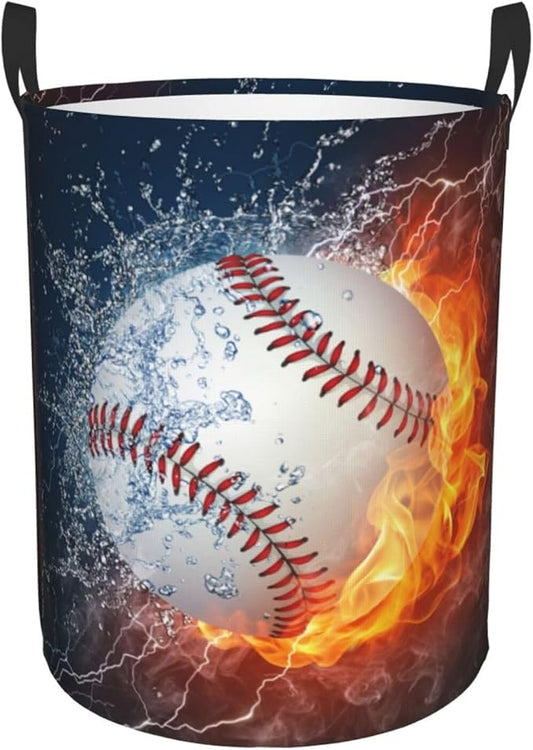 Sport Baseball Ball In Fire And Water Round Laundry Hamper Storage Basket Toys Clothes Organizer Bin For Home Bathroom Bedroom Dorm Nursery, 62l