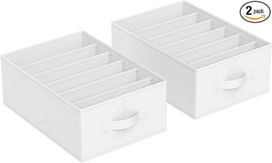 SONGMICS Set of 2 Large Size Wardrobe Clothes Organizers, 6-Compartment Foldable Drawer Organizers with Handles, 16.5 x 11.8 x 6.7 Inches, for Pants, Sweaters, Jeans, Cloud White URUS009W02