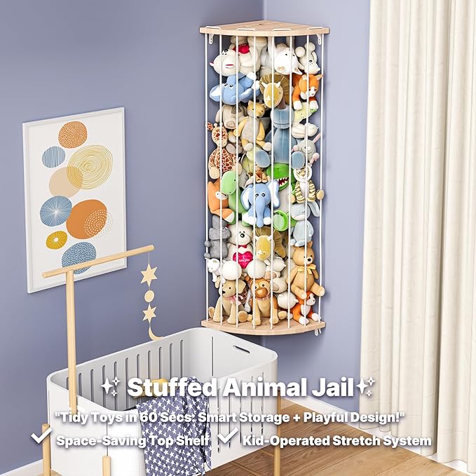 Corner Stuffed Animal Storage Zoo – Adjustable Natural Solid Wood Toy Organizer & Teddy Bear Holder – Large Wall Plushie Cage Shelf with Reinforced Star & Moon Cutouts for Nursery Kids Room