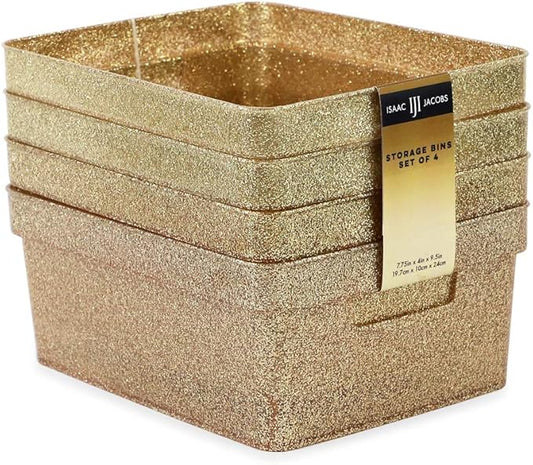 Isaac Jacobs Small Glitter Storage Bin (10” x 7.5” x 4.25”) Set w/Cut-Out Handles, Plastic Organizer, Multi-Functional, Home Storage Solution, Kids Playroom, Bedroom, Closet (4, Gold)