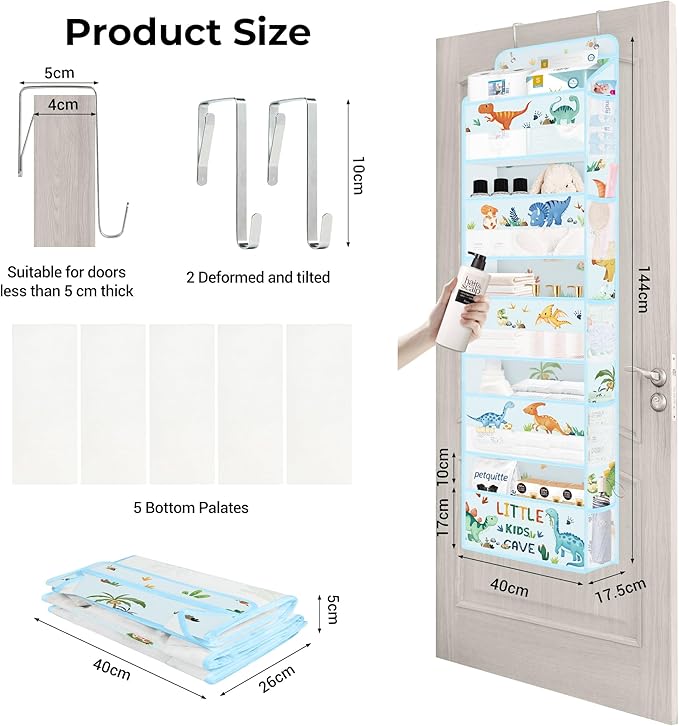 Clastyle Dinosaur Over the Door Organizer Tree Nursery Hanging Storage Organizer for Kids Clothes Diaper Toy Closet Door Hanging Shelf Storage for Bedroom Bathroom Pantry, Blue, 5-Tier
