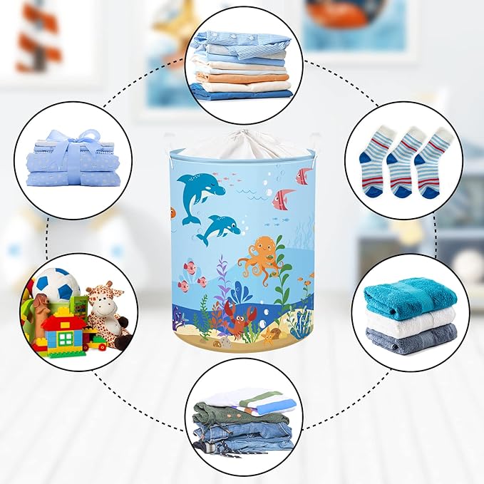 Clastyle Marine Animals Bubbles Kid Laundry Basket with Lid Foldable Sea Shark Dirty Clothes Hamper Round Toy Clothes Pool Beach Towel Basket, Blue Dolphin, 36 * 45 cm