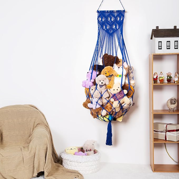 Stuffed Animal Hammock Wall Hanging Net for Stuffed Animal Net Stuffed Animal Storage Plush Toy Holder Toy Organizer for Boho Kidroom Nursery (Blue)