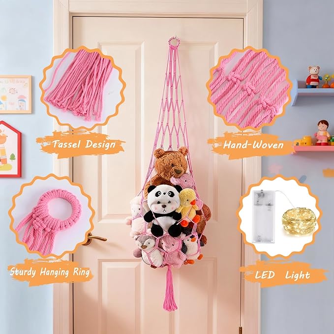 Stuffed Animal Hammock Corner Net with LED Light Plushies Storage Hammock for Stuffed Animals Boho Room Decor Macrame Wall Decor