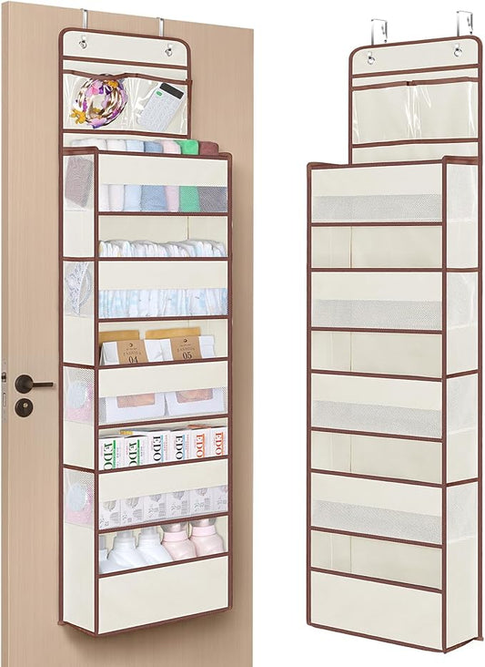 Univivi Over The Door Organizer - Wall Mount Hanging Organizer with 5 Large Compartments, 2 Small PVC Pockets and 8 Mesh Side Pockets for Cosmetics, Toys and Sundries (Beige)