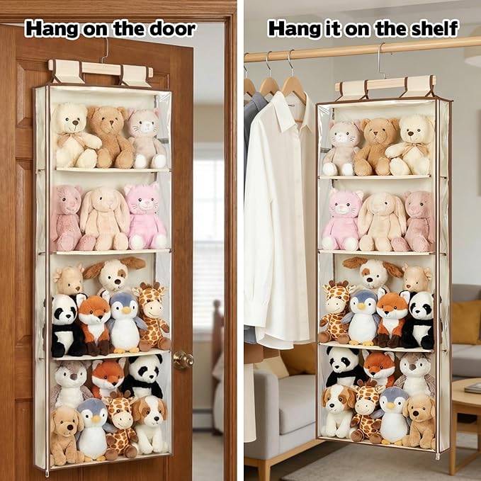 Stuffed Plush Holder for Squishmallow Storage | 2 in 1 Over the Door & Rack Hanging Organizer | with Extra Space-saving Pockets | Clear Solution for Organize Display