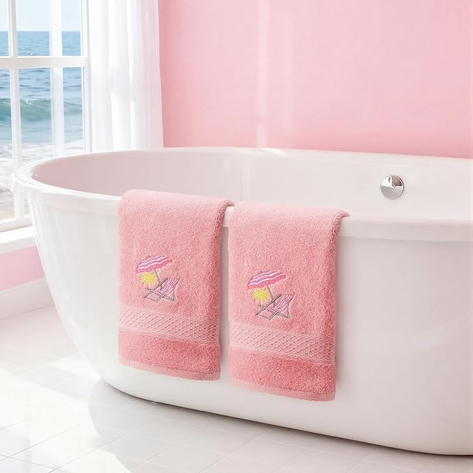 2 Pcs Beach Chair Hand Towels Pink Bathroom Decor 14x29 Inch Embroidered 100% Cotton Soft Absorbent Spring Summer Decorative Hand Towels for Bathroom Kitchen