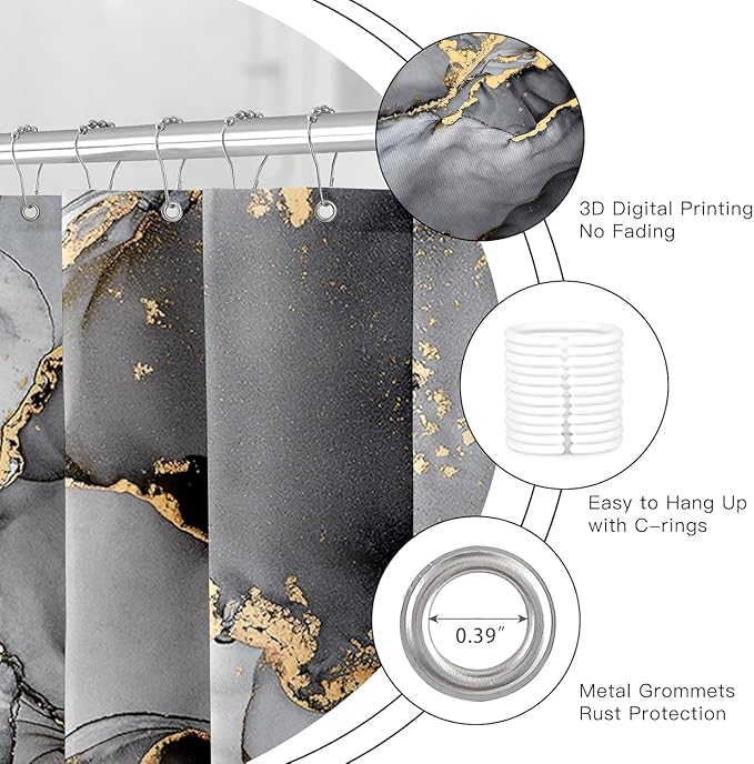 4 Pcs Black Marble Shower Curtain Sets with Rugs Gold Bathroom Sets with Shower Curtain and Rugs Modern Abstract Bathroom Decor Accessories Shower Curtains for Bathroom Toilet Lid Cover