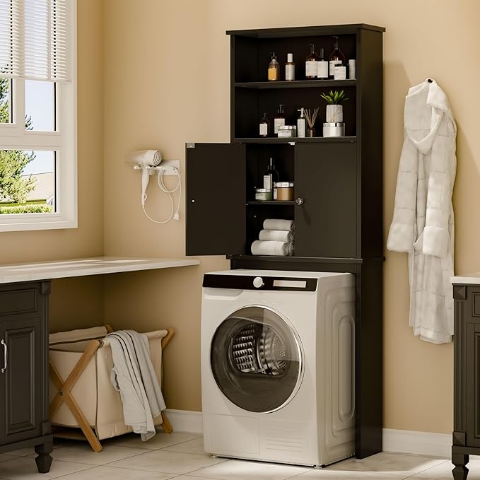 Walsunny Over The Toilet Storage Cabinet, Bathroom Organizer with Open Shelves and Double Doors, Space Saving Toilet Storage