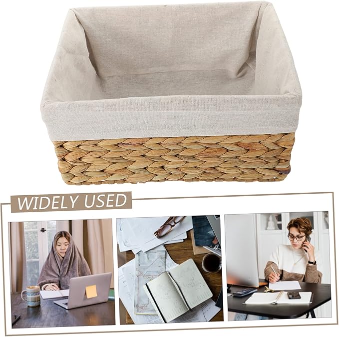 Handcrafted Straw Storage Basket with Liner Multifunctional Woven Organizer for Desktop Sundries Snacks Cosmetics for Home Office Nursery Kitchen Bathroom Use