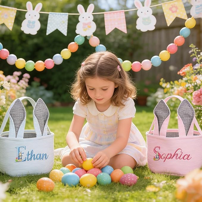 Personalized Easter Embroidered Basket with Name, Custom Seersucker Bunny Easter Egg Hunt Baskets for Kids, Monogram Cute Party Candy Bag with Handles, First Easter Gifts for Baby Girls Boys