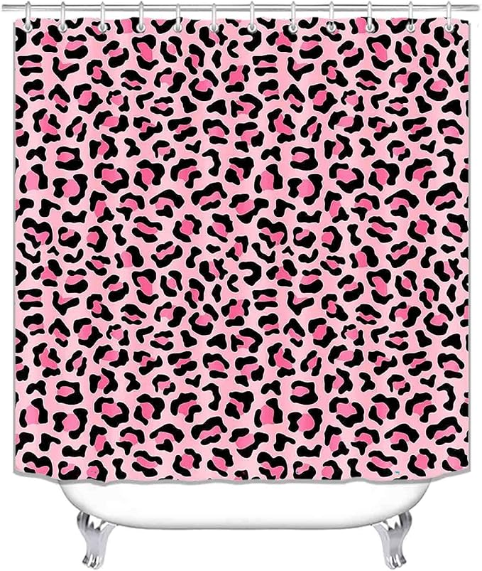 4PCS Pink Leopard Print Shower Curtain Sets With Rugs, Waterproof Fabric Pink Shower Curtain, African Wildlife Safari Animal Cheetah Print Skin Sexy Trendy Chic Aesthetic Modern Bathroom Decor